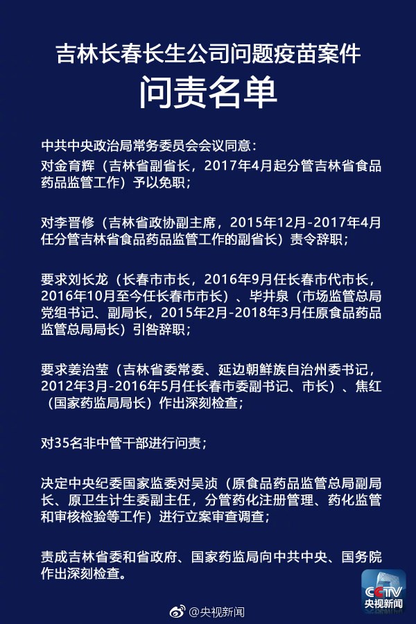 央視：中央政治局聽取長(zhǎng)生疫苗門調(diào)查報(bào)告，嚴(yán)肅問責(zé)相關(guān)人員